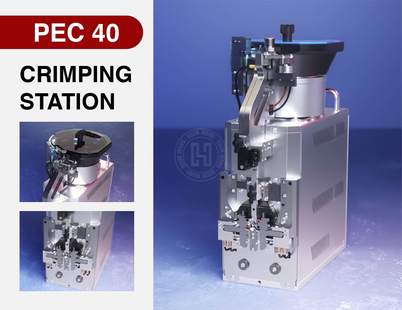 PEC 40 自动压接站由德国 GLW 精密研发制造，适用于全自动生产线的散装绝缘针型端头加工。
具免工具设定、大容量送料盘与方形压接结构，操作高效稳定。
每小时可完成约 3,200 次压接，是追求速度与品质的理想选择